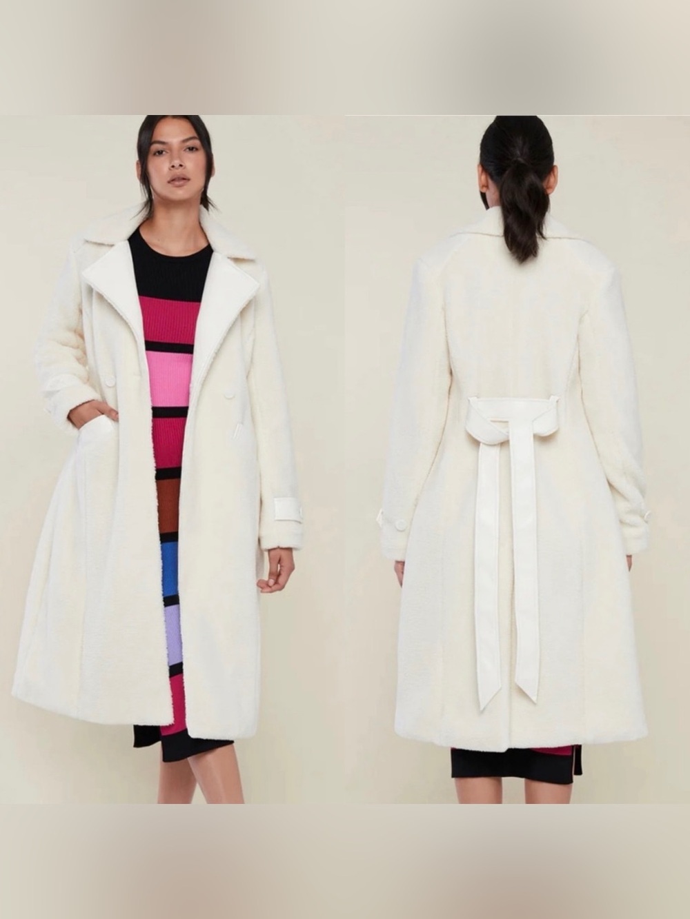 Rachel Parcell Ivory Sherpa & Vegan Leather Long Jacket L